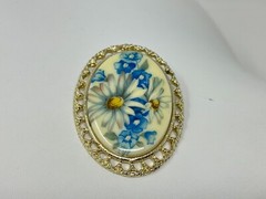 Vintage Goldtone Blue Flowers Floral Printed Milk Glass Inset Brooch Pin
