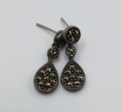 VTG 925 MC Teardrop Marcasite Earrings 1in Drop Sterling Silver 3gtw New Backs