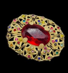 Vtg 1930s Art Deco Celluloid Filigree Brooch Central Red Stone Colorful Accents