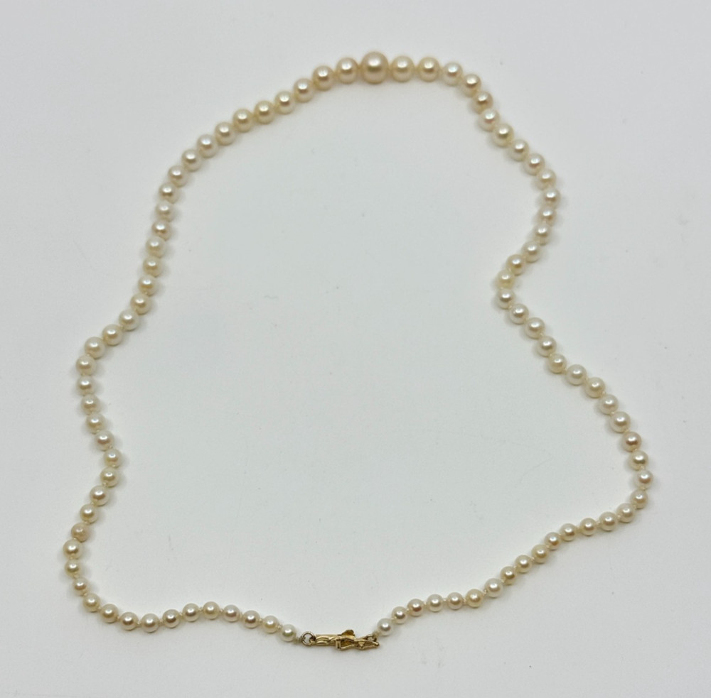 14K Yellow Gold Graduated Japan Saltwater Akoya Cultured Pearl Vtg Necklace 20″