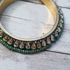 Vintage Bracelet / Bangle – Green & Gold Tone with Fancy Detail
