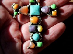 Stunning Sterling Silver & Gemstone CROSS Pendant Turquoise & Spiny Oyster