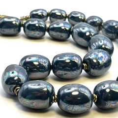 Vintage Iridescent Blue Peacock Glazed Ceramic Bead Necklace 100g 18”