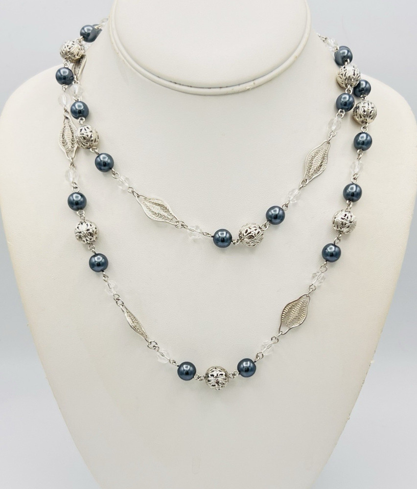 Vtg Signed Trifari Filigree Silver Tone Gray Faux Pearl Station Necklace 36 in