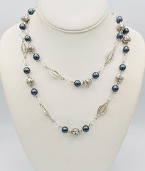 Vtg Signed Trifari Filigree Silver Tone Gray Faux Pearl Station Necklace 36 in