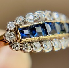 Antique 14K Gold Sapphire & Diamond Saddle Ring Victorian Edwardian Estate 7.25