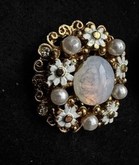 Set Of 2 MCM Circle Starburst Brooches Opal, Faux Pearls, Rhinestones
