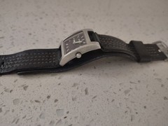 Nixon Trixie Watch – Black leather band w/rectangular silver analog date case