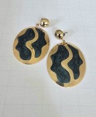 Vintage 80’s NOS Gold Tone Green Forest Enamel Inlay Drop Pierced Earrings New