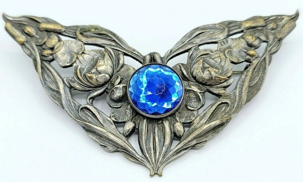 Silver Plated Art Nouveau Fairy Wing Blue Stone Sash Pin