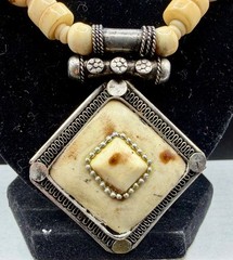 Vintage Tibetan-Style Hand-Carved Bone & Tribal Silver Pendant 21″