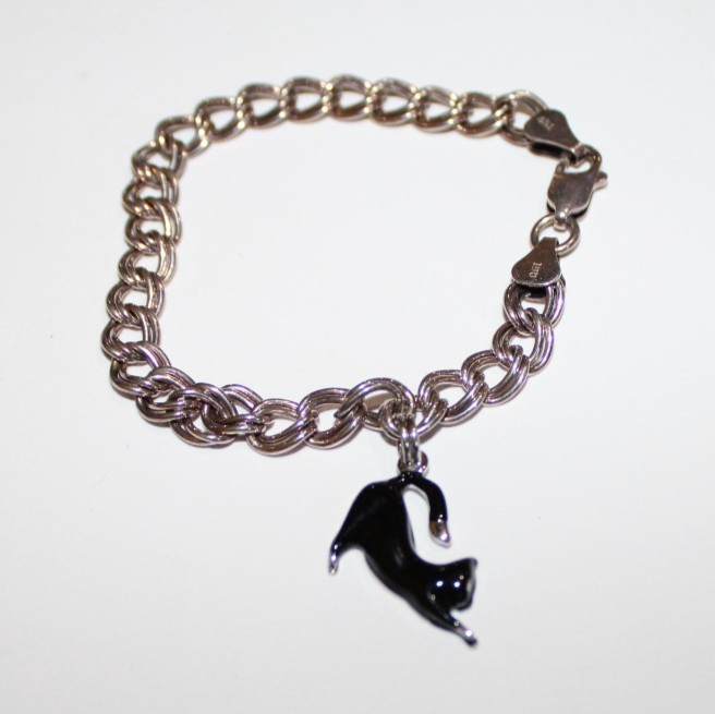 FAS 925 Italy Vintage Double Link Bracelet With Enamel Black Cat Charm 7″