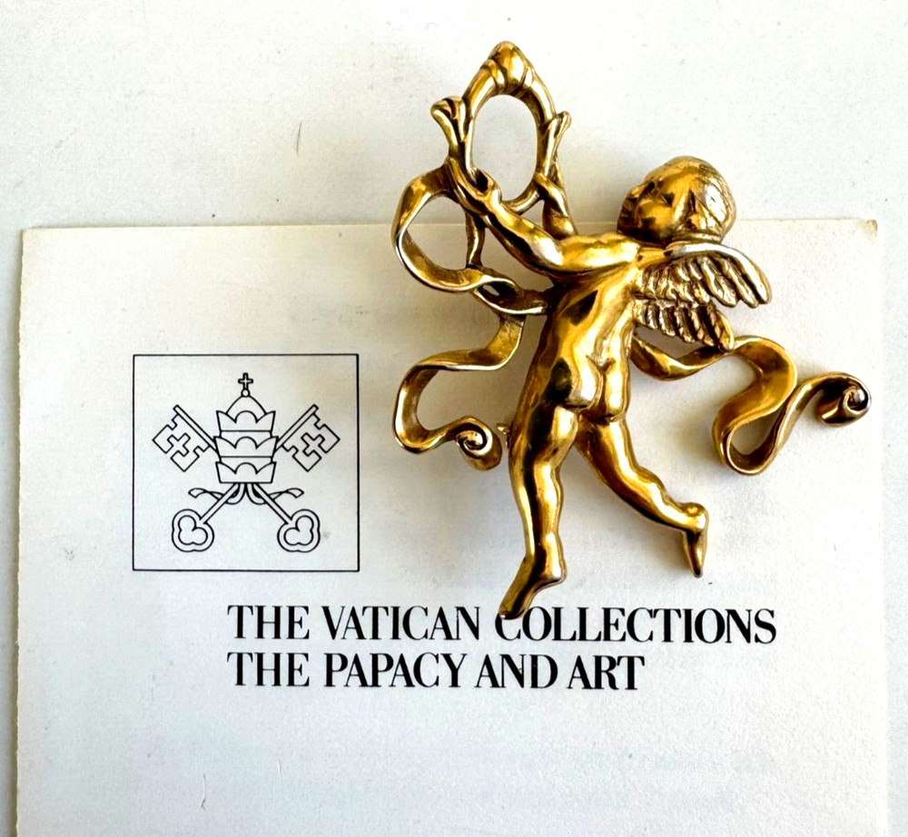 Vtg Metropolitan Museum of Art Cherub Pin 24K Gold Plated w Original Paperwork
