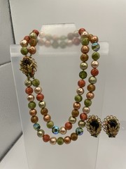 Exquisite Vintage Necklace & Earrings. Peridot, Coral, & Peach Colors W/ Gold .