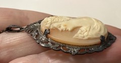 Vintage Victorian Revival Sterling Silver Carved Shell Cameo Pendant Necklace