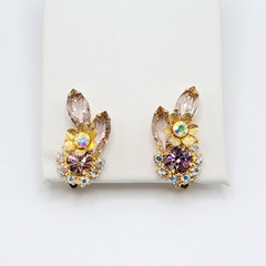 Glamorous AB Crystal Flower Floral Pale Rhinestone Climber Vtg Clip On Earrings