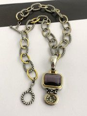 Vintage Silver and Gold Tone Cable Chunky Chain Necklace w/ Purple Stone Pendant
