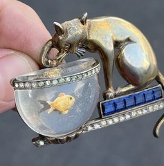 1940s Anthony Aquilino Sterling Silver Cat Fishing Fish Bowl Jelly Belly Brooch
