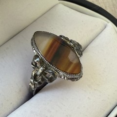 Antique 10k Yellow Gold & Sterling Banded Agate Marquis Navette Ring