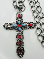 Vintage Signed Celebrity Cabochon Rhinestone Cross Pendant Necklace 28” READ