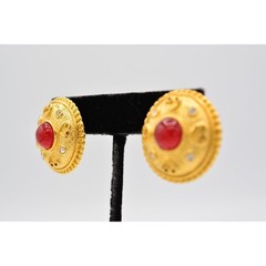Vintage Cabochon Earrings Red Brushed Gold Matte Chunky Crystal NOS 1980s BinA11