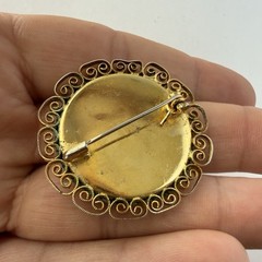 Vintage Micro Mosaic Floral Green Yellow Red Round Brooch Pin Italy