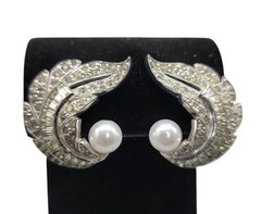Jomaz Rhinestone Paved Winged Clip On Earrings Faux Pearl Accent Vintage Patent