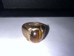 Vintage Mens Size 9 Tiger Eye Ring Gold Plated Maker Mark Gold Tone