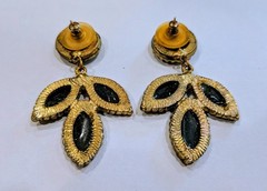 Jet Black Marquise Leaf Drop Earrings, Vintage, Antique Gold Tone, Byzantine