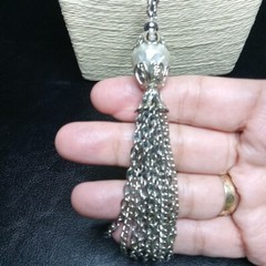 Vintage Double Chain Station Necklace Whit Tassel Faux Pearls Silvet Tone. 9803