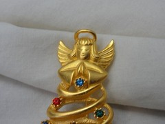 Vintage Goldtone Rhinestone Angel Topped Christmas Tree Brooch
