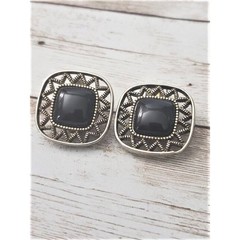 Vintage Clip On Earrings Black Rounded Square Shape with Unusual Halo Large