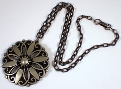 HUGE Vtg MCM Borje Tennung Sweden BT T9 Pewter Flower Brooch Pendant Necklace