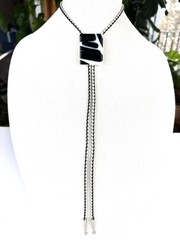 Stunning Vintage Black & White Artist Signed Fused Glass Western Bolo Tie