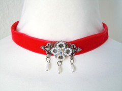 Vintage Choker Necklace Tracht Dirndl Velvet Red Imitation Pearls 33 – 39 Cm