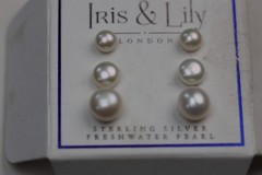 3 Pairs Pearl Stud Earrings Sterling Silver