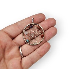 Dreamcatcher Pendant Colorful Gemstone Chip Silver Tone Wire Wrapped Vtg 1 5/8″
