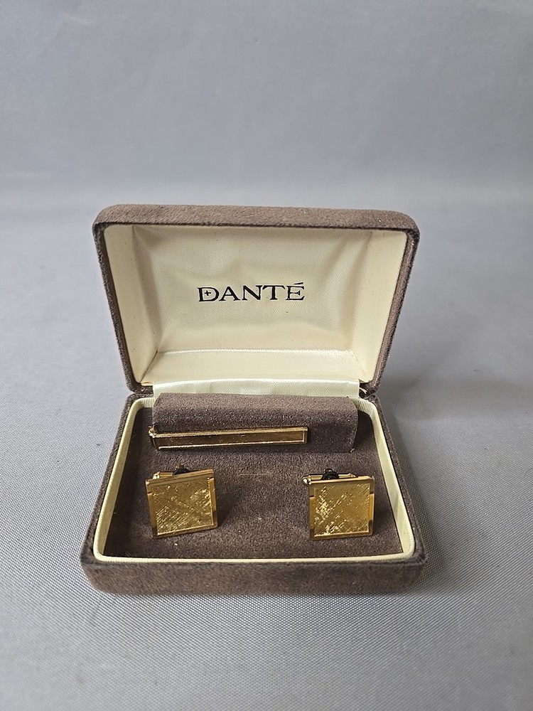 Vintage Mid-Century Modern Dante MCM Gold Tone Cufflinks & Tie Bar Clip