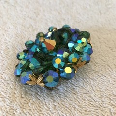 Vintage Brooch AB Crystal / Glass Beads Faceted Heavy Blues & Greens Sparkly