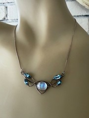 VINTAGE ESTATE STERLING SILVER MOONSTONE CABOCHON BLUE TOPAZ CHAIN NECKLACE 18″