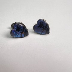 Vintage Butterfly Wing Tropical Palm Tree Scene Heart Shape Screw Back Earrings