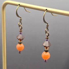 VTG Brass Orange Aventurine & Crystal Beaded Dangle Earrings 1.5″