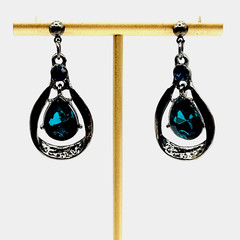 Blue Glass Water Droplet Drop Dangle Silver Tone Sparkly Fancy Pierced Earrings