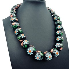 Vintage Chunky Hand Painted Wood Bead Necklace Black Multi-Color Floral BOHO