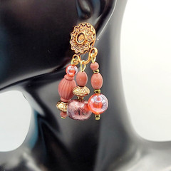 Burgundy Cranberry Copper Colored Multi Shape & Strand Bead Pierced Vtg Earrings