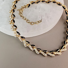 Vintage Swarovski Necklace Black Enamel Clear Crystals Gold Tone 17″