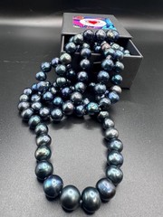 44″ 10mm Black Potato Pearl Necklace Blue Green Long Rope Handknotted