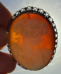 Vintage Cameo Brooch Pair Antique Style Estate Jewelry Filigree Amber Glow Lot