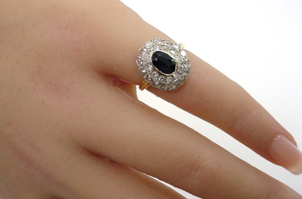 SALE–Antique Sapphire Diamond Halo Ring–Princess Diana