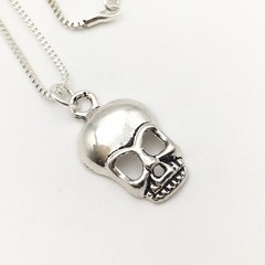 Silver Tone Costume Skull Charm Pendant Box Chain Necklace 18” #19